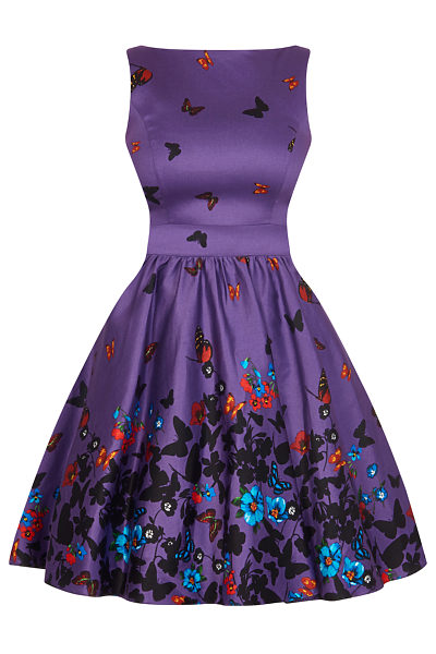 Fialové retro šaty  s motýlky Lady V London Tea