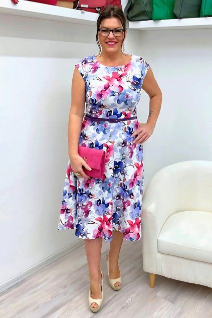 Bílé šaty s růžovo fialovými květy Amanda BLANKA STRAKA564