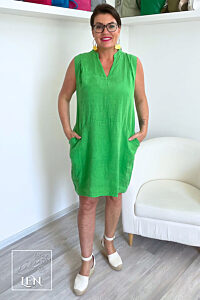 Hráškově zelené lněné šaty