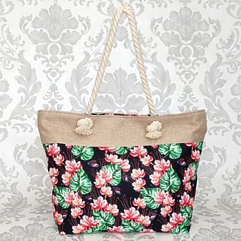 Černá plážová shopper taška s květy Silia