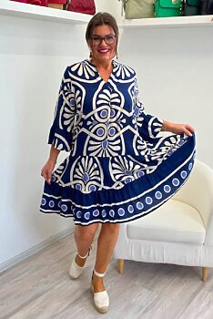 Modré boho šaty/tunika s bílým vzorem