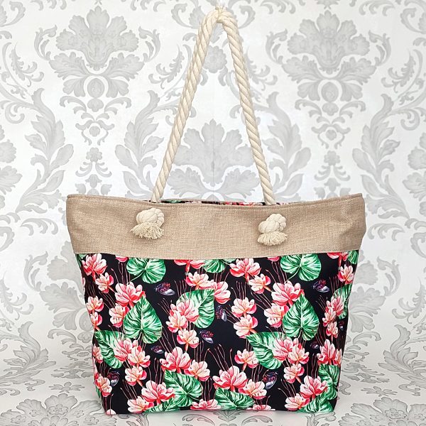 Černá plážová shopper taška s květy Silia