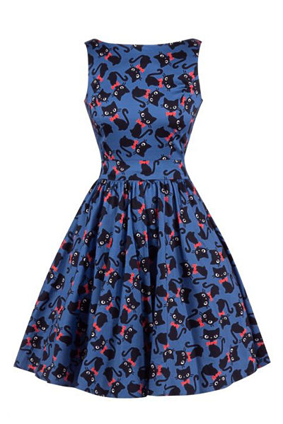 Modré retro šaty s kočkami Lady V London Tea