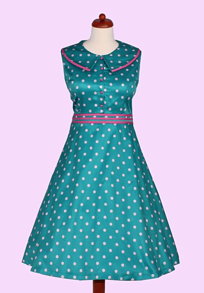Tyrkysové šaty s růžovými puntíky Lindy Bop Dona