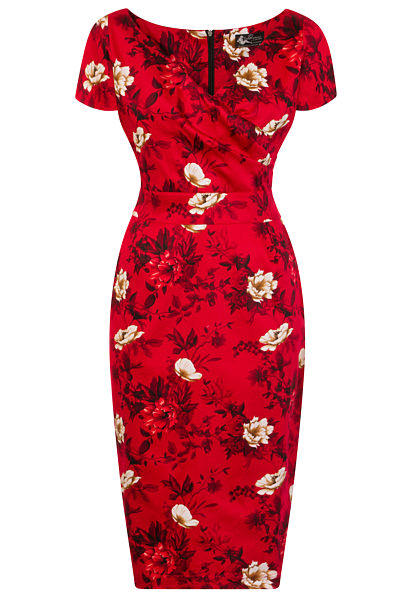 Červené pouzdrové šaty s květy Lady V London Ursula
