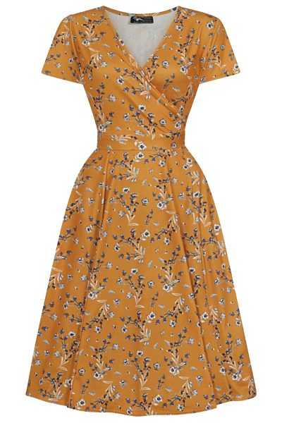 Hořčicové šaty s květy Lady V London Lyra