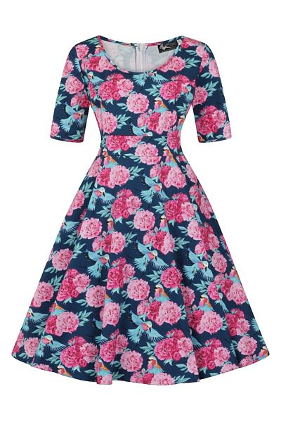 Modré šaty s růžovými květy Lady V London Vivien