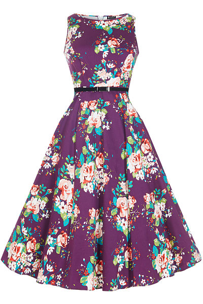 Fialové šaty s barevnými květy Lady V London Audrey