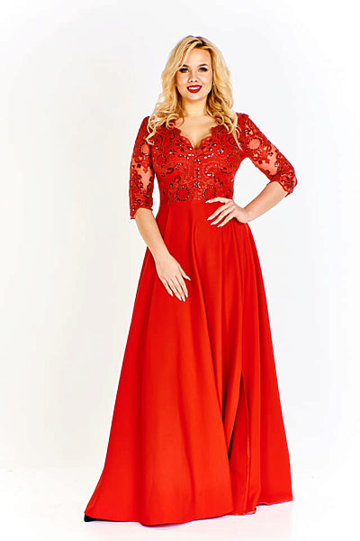 Červené dlouhé šaty s vyšívaným živůtkem Bosca Fashion Adenike