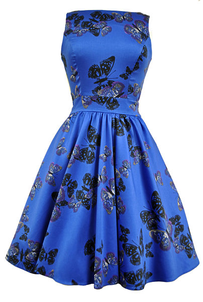 Modré retro šaty s motýlky Lady V London Tea